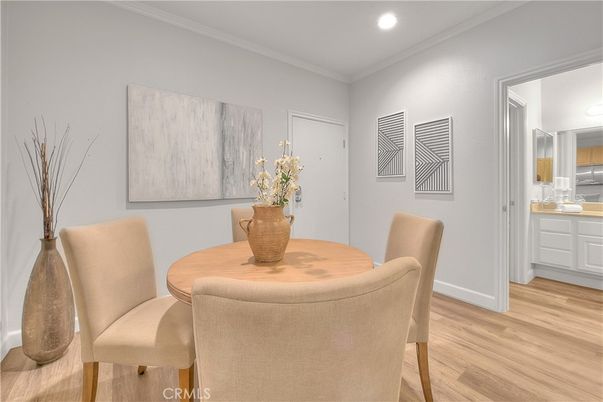 Dining room, Interior, Recessed Lighting, Wood Texture Flooring