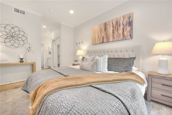Bedroom, Interior, Recessed Lighting, Wood Texture Flooring