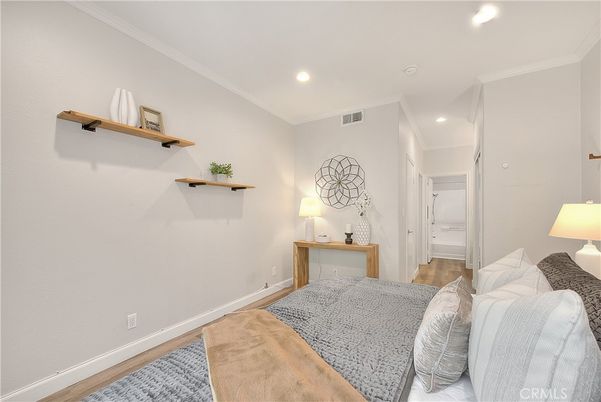Bedroom, Interior, Recessed Lighting, Wood Texture Flooring