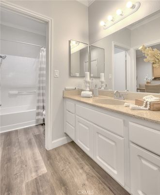 Bathroom, Dual Sink Vanities, Glass Shower, Interior, Wood Texture Flooring