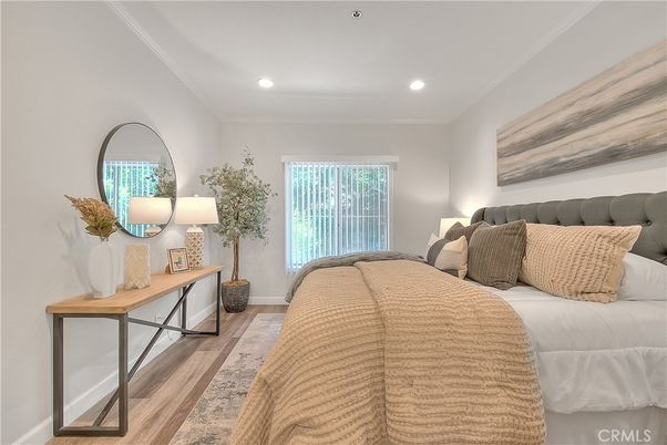 Bedroom, Interior, Recessed Lighting, Wood Texture Flooring