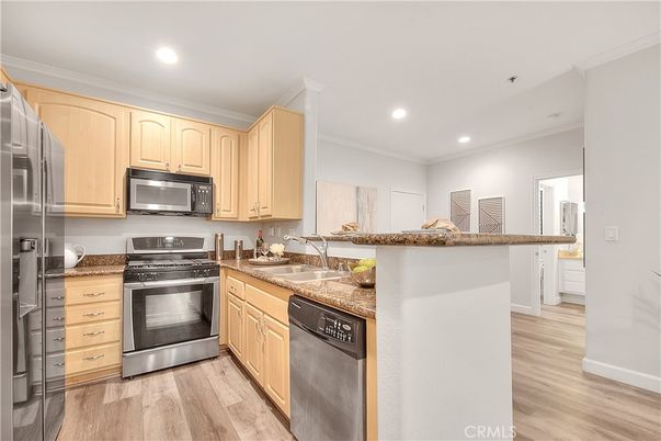 Interior, Kitchen, Recessed Lighting, Stainless Steel Appliances, Wood Texture Flooring