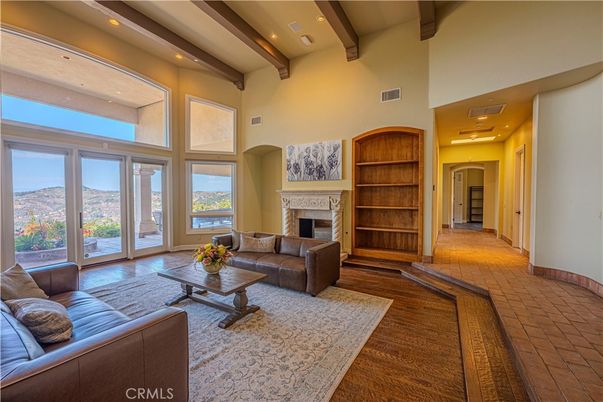 Fireplace, Interior, Living room, Recessed Lighting, Wooden Beams, Wood Texture Flooring