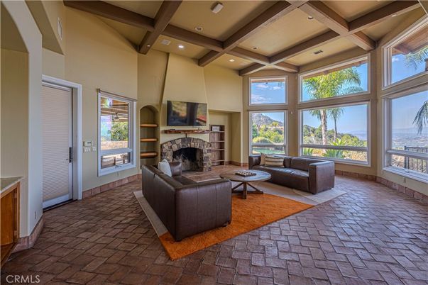 Fireplace, Interior, Living room, Recessed Lighting, Wooden Beams