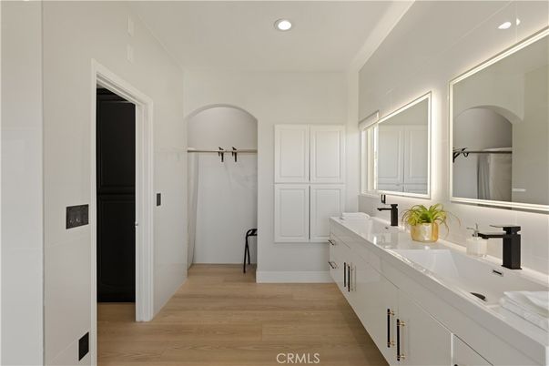 Bathroom, Dual Sink Vanities, Interior, Recessed Lighting, Wood Texture Flooring