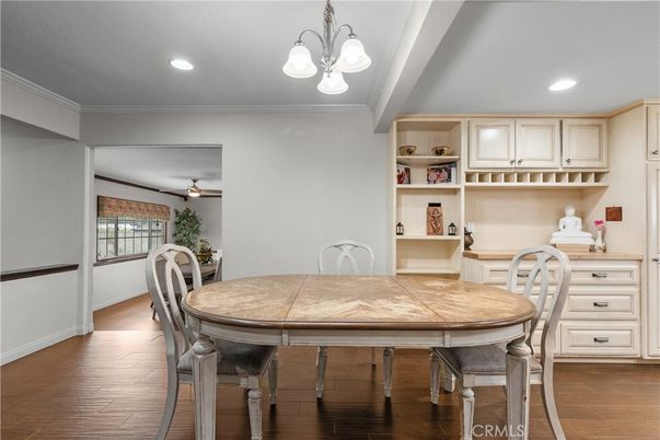 Dining room, Interior, Recessed Lighting, Wood Texture Flooring