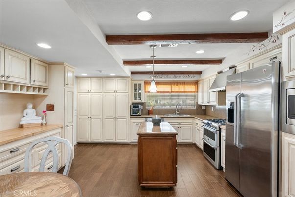 Interior, Kitchen, Pendant Lights, Recessed Lighting, Stainless Steel Appliances, Wooden Beams, Wood Texture Flooring
