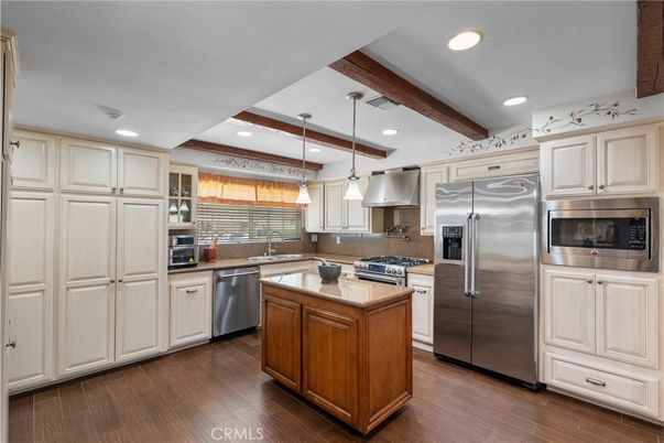 Interior, Kitchen, Pendant Lights, Recessed Lighting, Stainless Steel Appliances, Wooden Beams, Wood Texture Flooring