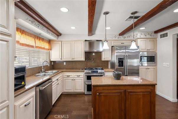 Interior, Kitchen, Pendant Lights, Recessed Lighting, Stainless Steel Appliances, Wooden Beams, Wood Texture Flooring