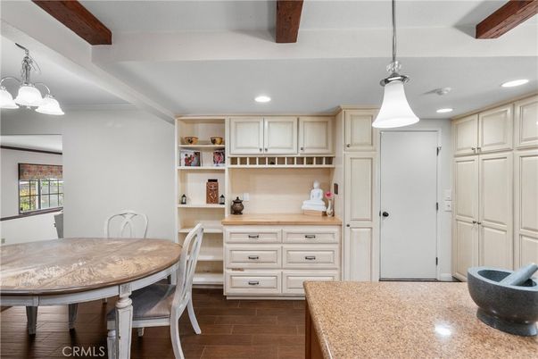 Dining room, Interior, Pendant Lights, Recessed Lighting, Wooden Beams, Wood Texture Flooring