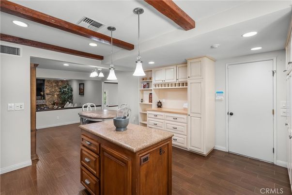 Interior, Kitchen, Pendant Lights, Recessed Lighting, Wooden Beams, Wood Texture Flooring
