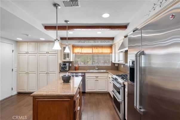 Interior, Kitchen, Pendant Lights, Recessed Lighting, Stainless Steel Appliances, Wooden Beams, Wood Texture Flooring