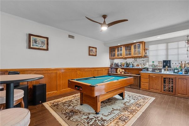 Billiard Table, Game Room, Interior, Recessed Lighting, Wood Texture Flooring