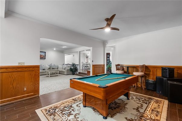 Billiard Table, Game Room, Interior, Living room, Recessed Lighting, Wood Texture Flooring