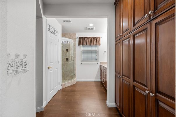 Bathroom, Glass Shower, Interior, Recessed Lighting, Wood Texture Flooring