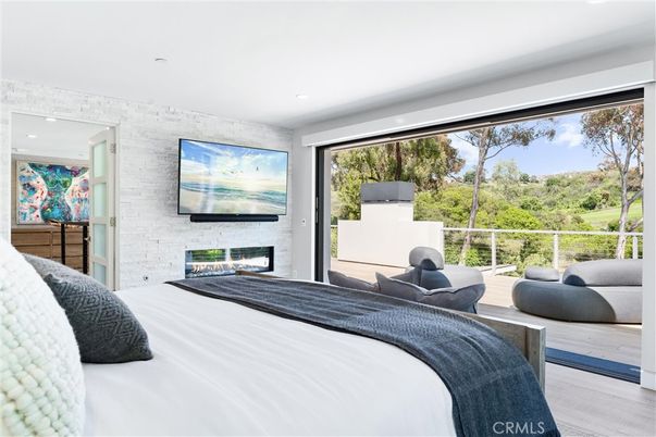 Bedroom, Fireplace, Interior, Recessed Lighting, Wood Texture Flooring