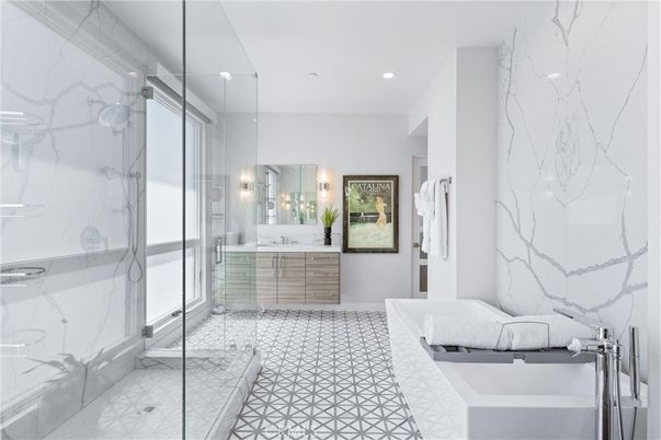 Bathroom, Dual Sink Vanities, Glass Shower, Interior, Marble Walls, Recessed Lighting