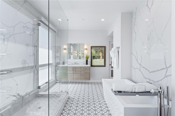 Bathroom, Glass Shower, Interior, Marble Walls, Recessed Lighting