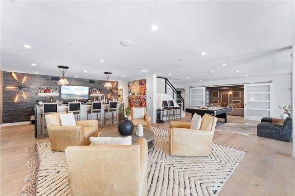 Billiard Table, Game Room, Interior, Living room, Pendant Lights, Piano, Recessed Lighting, Wood Texture Flooring