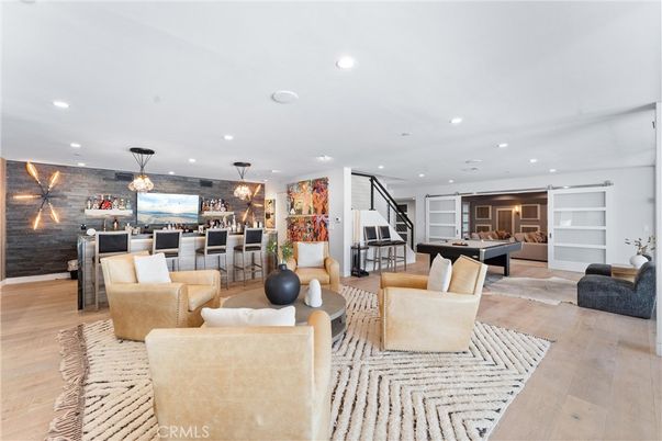 Billiard Table, Game Room, Interior, Living room, Pendant Lights, Piano, Recessed Lighting, Wood Texture Flooring