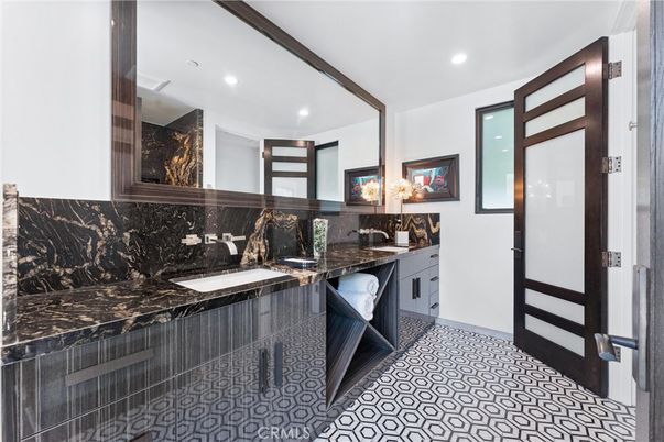 Bathroom, Dual Sink Vanities, Interior, Marble Walls, Recessed Lighting