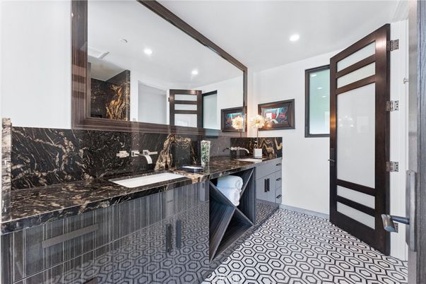 Bathroom, Dual Sink Vanities, Interior, Marble Walls, Recessed Lighting