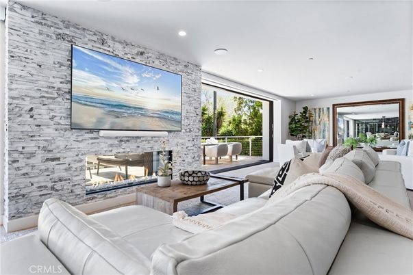Fireplace, Interior, Living room, Recessed Lighting, Stone Walls