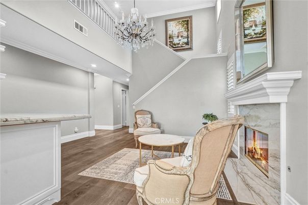 Chandelier, Fireplace, Interior, Recessed Lighting, Wood Texture Flooring
