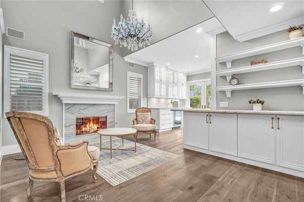 Chandelier, Fireplace, Interior, Recessed Lighting, Wood Texture Flooring