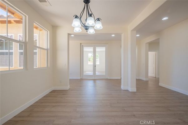 Chandelier, Empty room, Interior, Recessed Lighting, Wood Texture Flooring