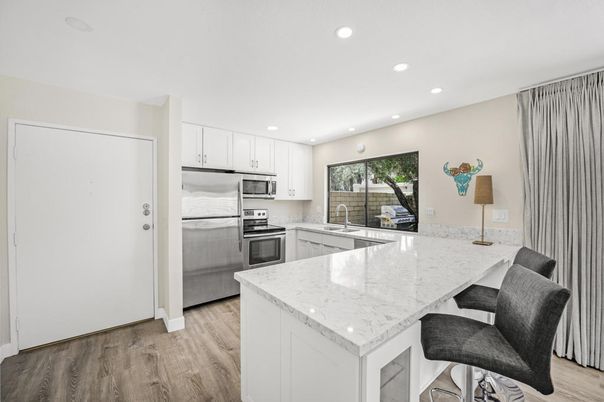 Interior, Kitchen, Recessed Lighting, Stainless Steel Appliances, Wood Texture Flooring