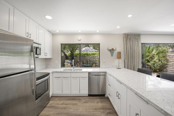 Interior, Kitchen, Recessed Lighting, Stainless Steel Appliances, Wood Texture Flooring