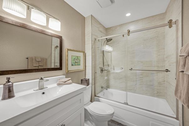 Bathroom, Glass Shower, Interior, Marble Walls, Recessed Lighting