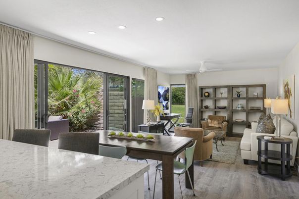 Dining room, Interior, Living room, Recessed Lighting, Wood Texture Flooring