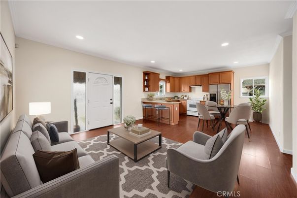 Dining room, Interior, Kitchen, Living room, Recessed Lighting, Wood Texture Flooring