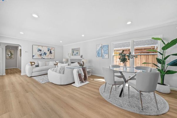 Dining room, Fireplace, Interior, Living room, Recessed Lighting, Wood Texture Flooring