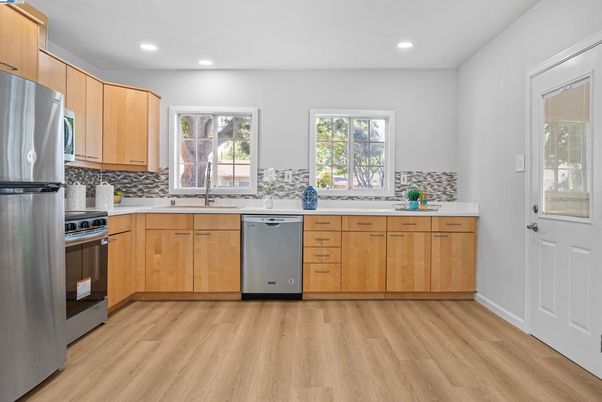 Interior, Kitchen, Recessed Lighting, Stainless Steel Appliances, Wood Texture Flooring