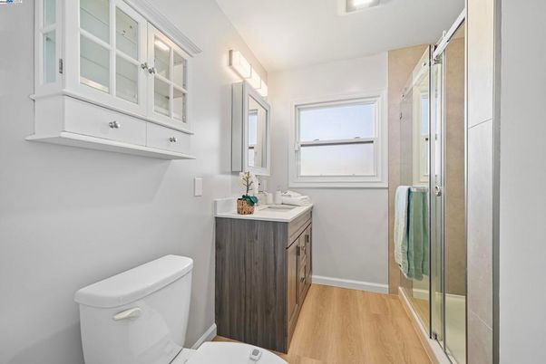 Bathroom, Glass Shower, Interior, Wood Texture Flooring