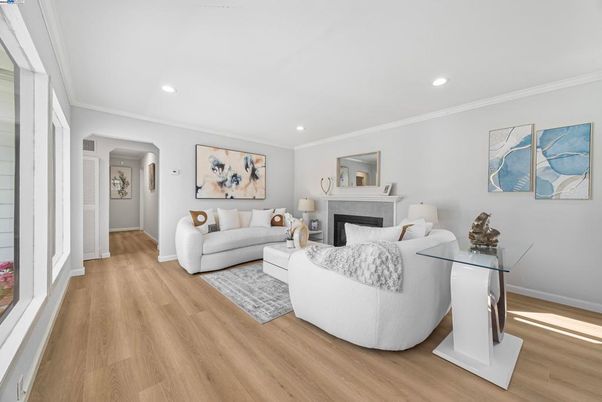 Fireplace, Interior, Living room, Recessed Lighting, Wood Texture Flooring