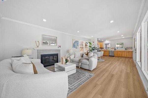 Fireplace, Interior, Living room, Recessed Lighting, Wood Texture Flooring