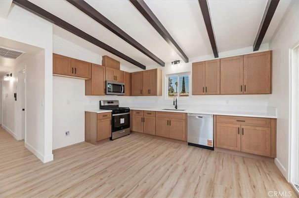 Interior, Kitchen, Stainless Steel Appliances, Wooden Beams, Wood Texture Flooring