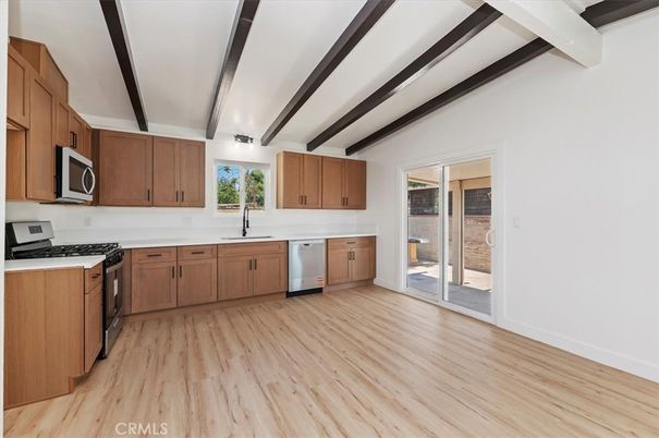 Interior, Kitchen, Stainless Steel Appliances, Wooden Beams, Wood Texture Flooring