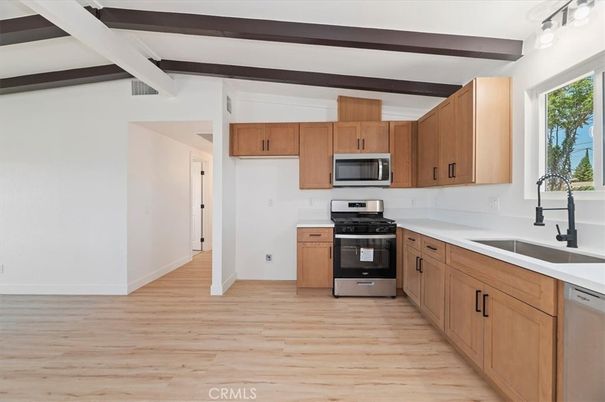 Interior, Kitchen, Stainless Steel Appliances, Wooden Beams, Wood Texture Flooring