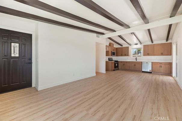 Empty room, Interior, Kitchen, Stainless Steel Appliances, Wooden Beams, Wood Texture Flooring