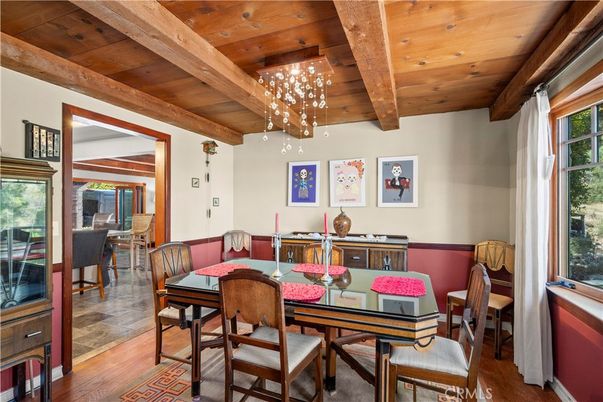 Dining room, Interior, Pendant Lights, Wooden Beams, Wooden Ceilings, Wood Texture Flooring