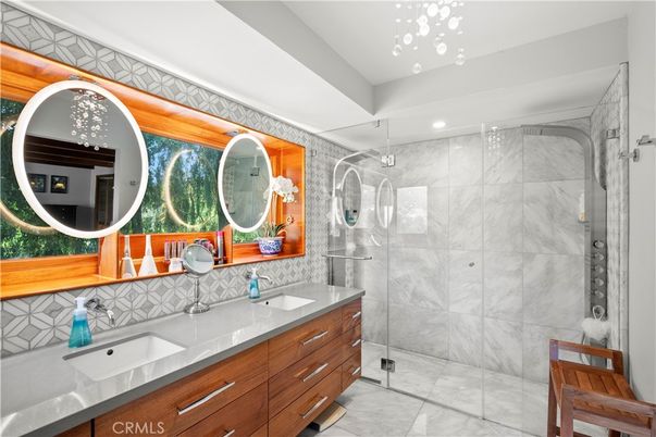 Bathroom, Dual Sink Vanities, Glass Shower, Interior, Marble Walls, Recessed Lighting