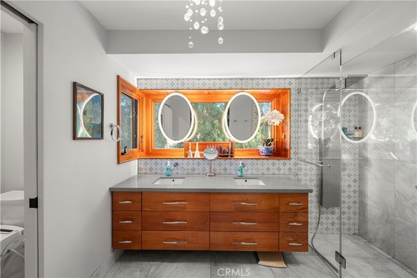 Bathroom, Dual Sink Vanities, Glass Shower, Interior, Pendant Lights