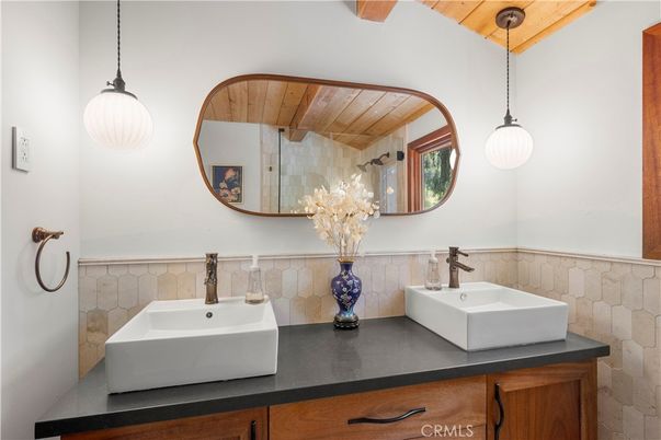 Bathroom, Dual Sink Vanities, Interior, Pendant Lights, Wooden Beams, Wooden Ceilings