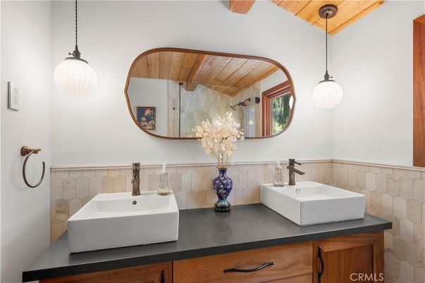 Bathroom, Dual Sink Vanities, Interior, Pendant Lights, Wooden Beams, Wooden Ceilings