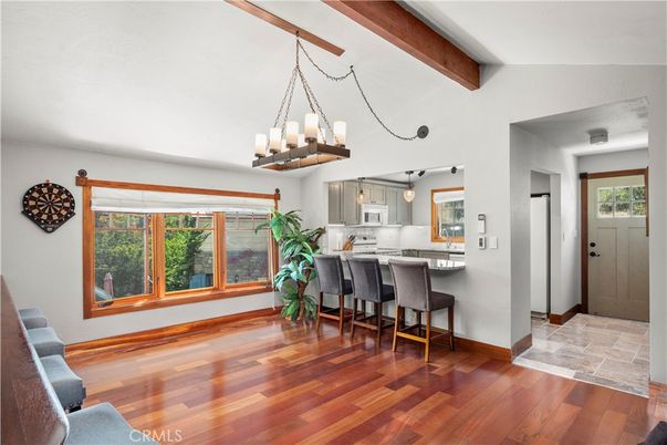Chandelier, Interior, Kitchen, Pendant Lights, Wooden Beams, Wood Texture Flooring